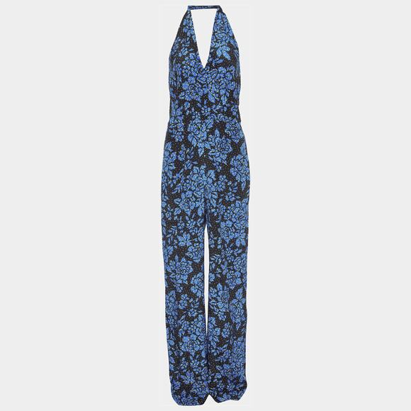 DVF Diane Von Furstenberg 100% Silk Black & Blue Halter Jumpsuit Women's Size 12 - Picture 15 of 16